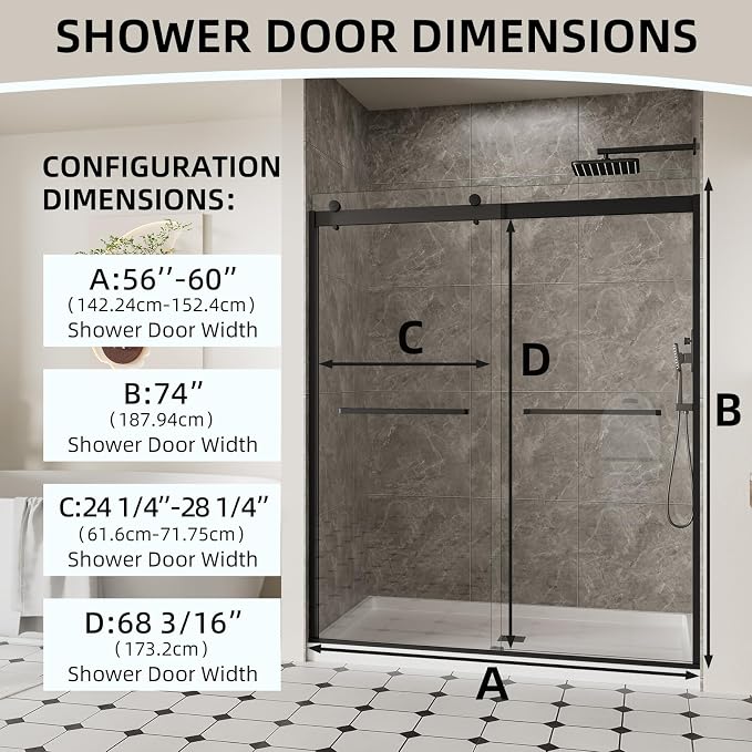 56-60" W x 74" H Frameless Shower Door, Double Sliding Shower Door - Image 4