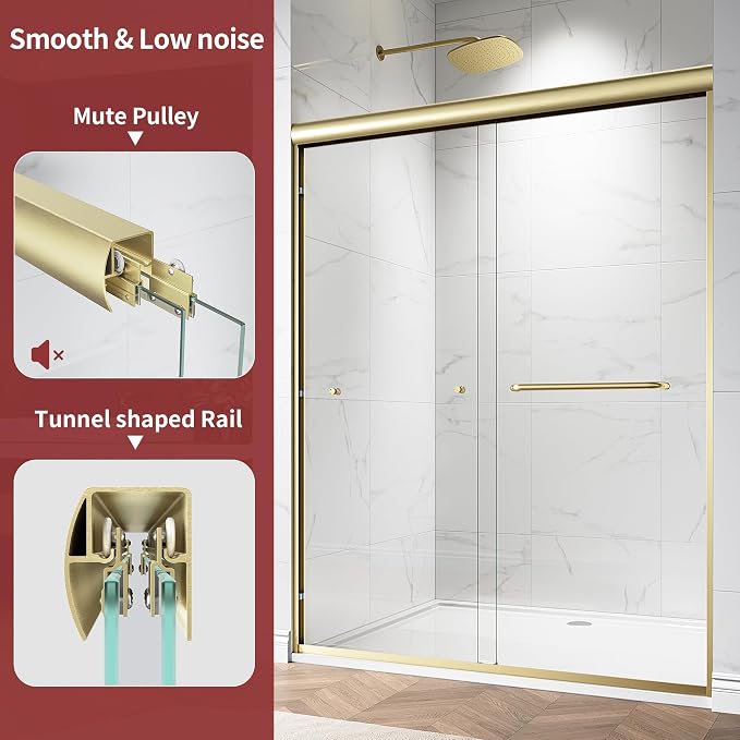56-60" W x 76" H Semi-Frameless Double Sliding Glass Shower Door, 1/4" Clear - Image 6