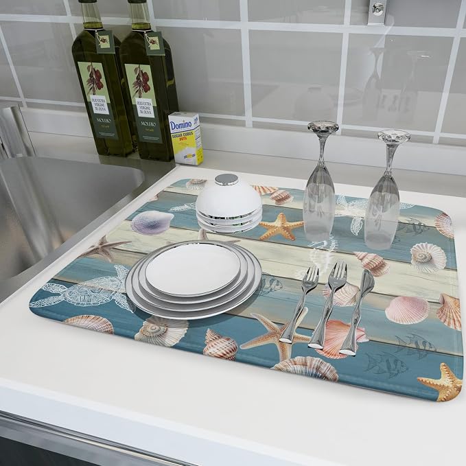 Giwawa Coastal Starfish Dish Drying Mat Summer Sea Turtle Drainer Rack Mat - Image 6