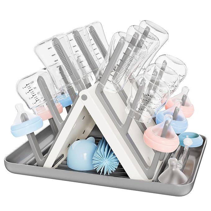 Large Baby Bottle Drying Rack, Space Saving 18 Hooks Slope Travel Bottle Dryer by CandyHome