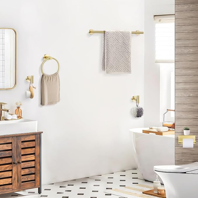 TQKAG 5 Piece Bathroom Towel Bar Holder Sets Brushed Gold Bathroom Hardware Set - Image 6