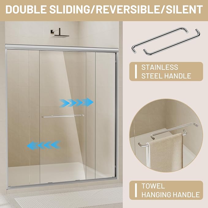 56-60" W x 70" H Double Sliding Shower Door, Semi-Frameless Shower Door - Image 2