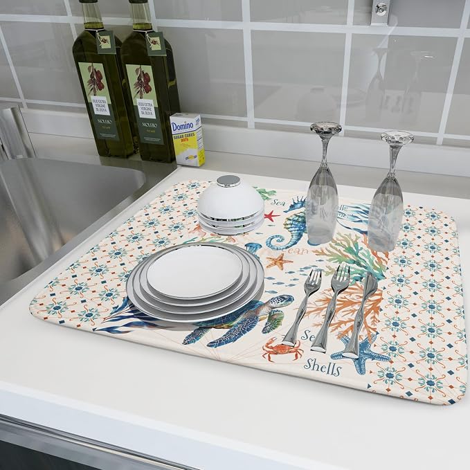 Giwawa Nautical Coastal Dish Drying Mat Sea Turtle Seahorse Dish Drainer Pad - Image 6