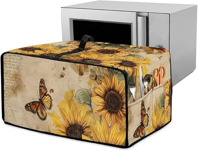 Microwave Oven Dust Cover Dust-Proof Sturdy Microwave Oven Cloth Cover Waterproof Kitchen Appliance Protector Suitable for Most Microwave Ovens, Vintage Sunflower Butterfly Letter Print, L