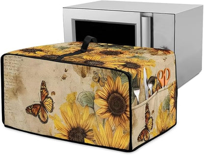 Microwave Oven Dust Cover Dust-Proof Sturdy Microwave Oven Cloth Cover Waterproof Kitchen Appliance Protector Suitable for Most Microwave Ovens, Vintage Sunflower Butterfly Letter Print, L