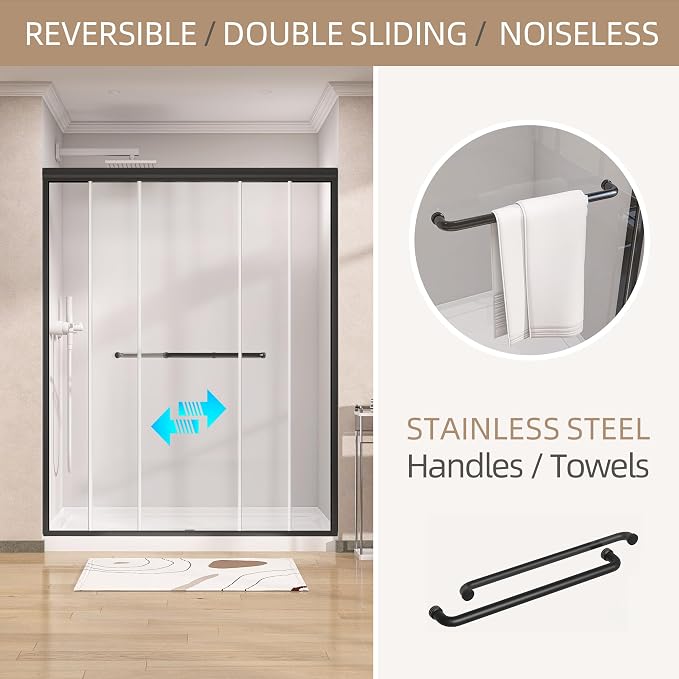 GETPRO Shower Door 56-60 in. W x 75 in. H Semi-Frameless Double Sliding Glass - Image 2
