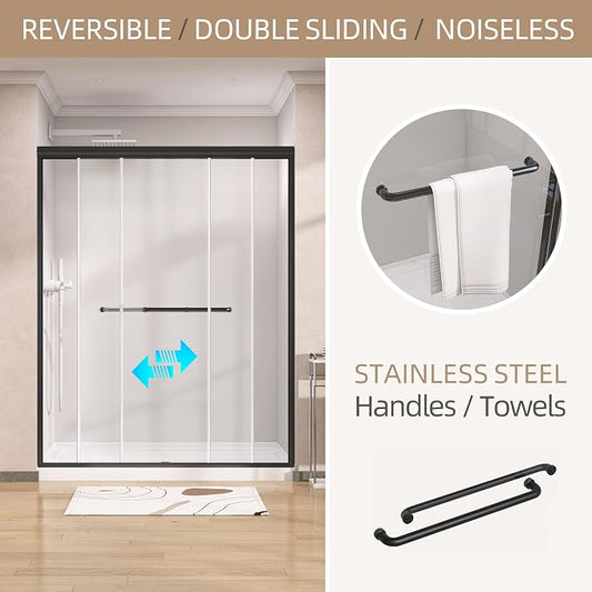 GETPRO Shower Door 56-60 in. W x 75 in. H Semi-Frameless Double Sliding Glass - Image 2