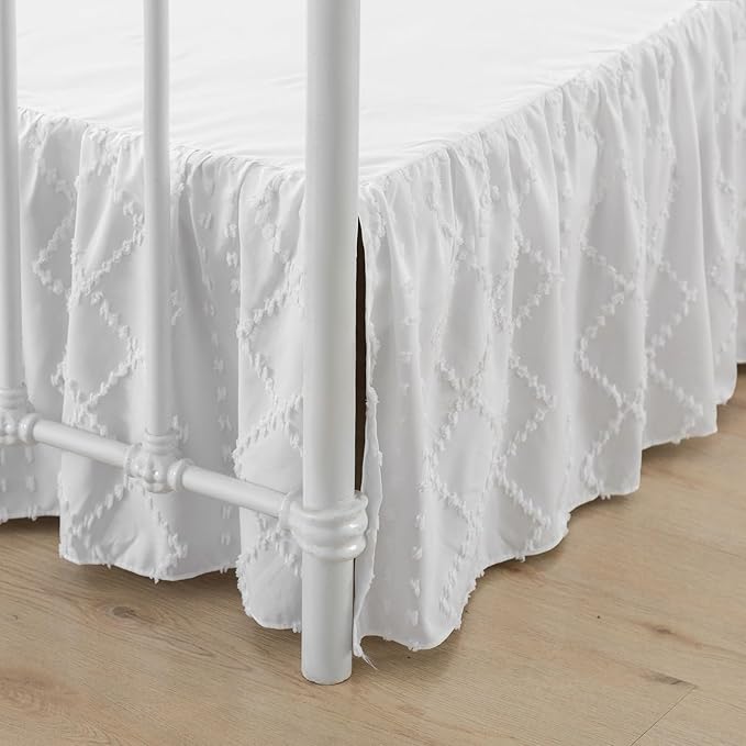 Bed Skirt Queen Size Ruffled Bed Skirt with Split Corners, 18 Inch Drop Dust Ruffle Bed Skirts with Platform, Boho Tufted Shabby Chic Queen Size Bed Skirts, White