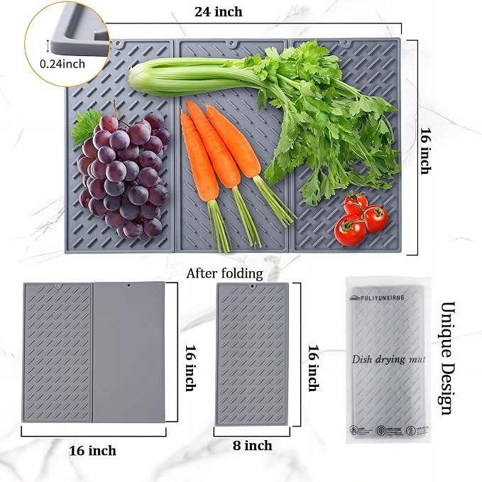 Silicone Dish Drying Mat for Kitchen Counter, Collapsible Trifold Large Dish - Image 3