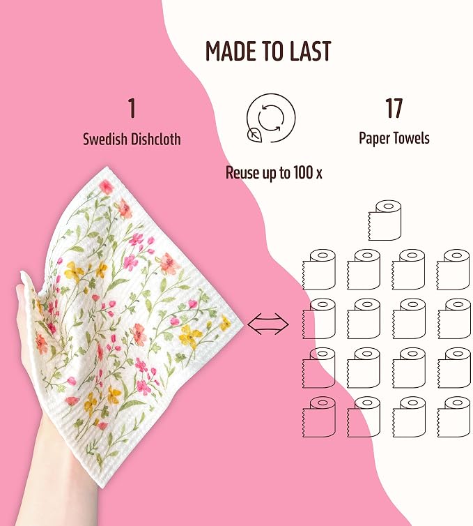 Swedish Dishcloths for Kitchen, 5 Pack Flowers Reusable Paper Towels Washable - Image 4