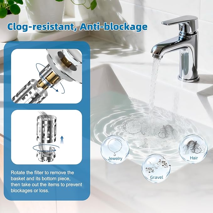 Hibbent 2 Pack Universal Bathroom Sink Drain Strainer, 3 in 1 Pop Up Stopper - Image 2