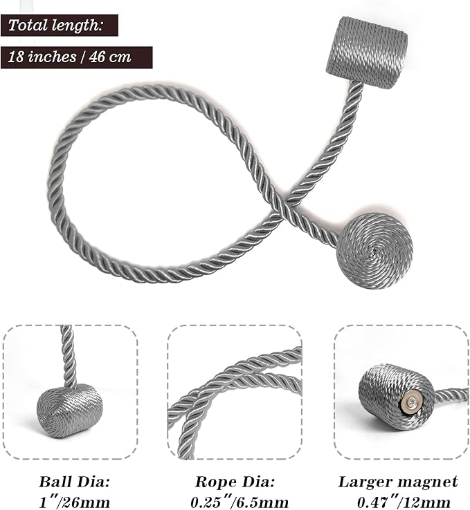 Hion Magnetic Curtain Tiebacks Grey 6 Pack, Curtain Tiebacks Buckles Holdbacks - Image 2