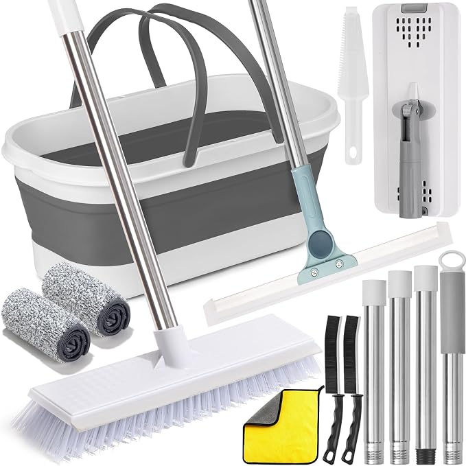 Flat Mop and Bucket Set with Floor Squeegee, Heavy Duty Scrub Brush, 2 Washable by AUTODECO