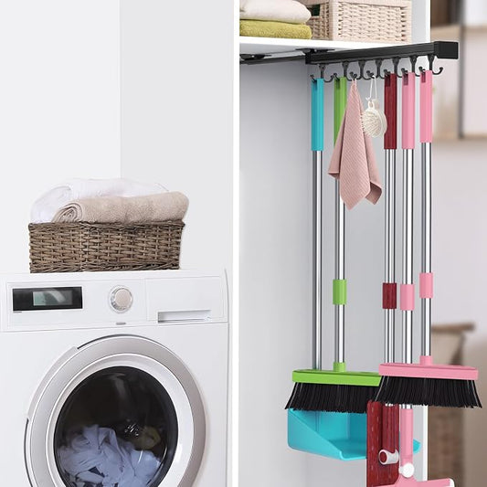 Pull Out Broom Holder With Adjustable Double Row Sliding Hook, by DegMongee