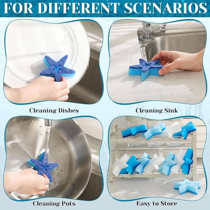 Tioncy 12 Pack Summer Starfish Kitchen Sponges Bulk Dual Sided Scrubber White - Image 5