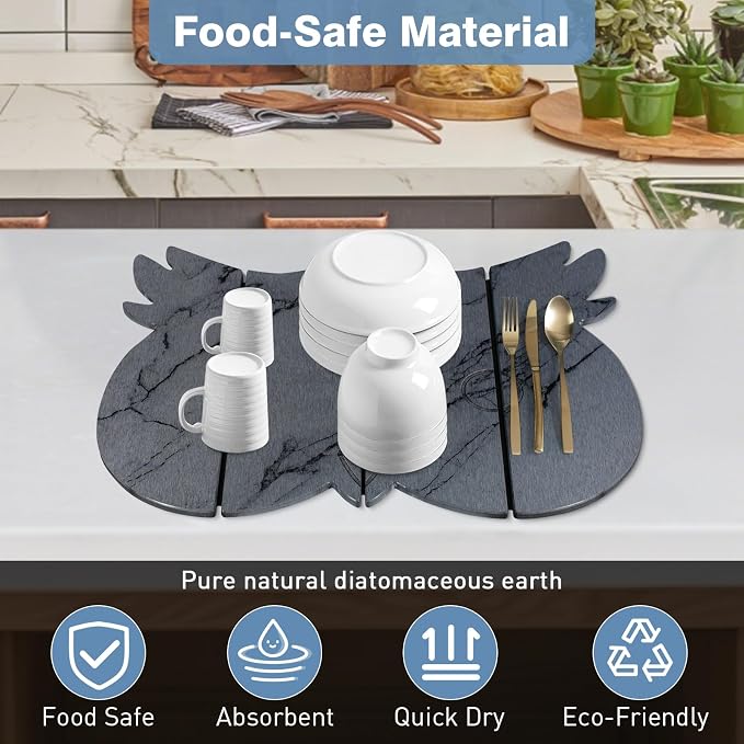 Large Stone Dish Drying Mat for Kitchen Counter, Owl Shape Design Drying Pads - Image 7