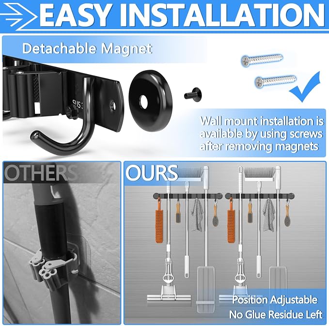 3-H Magnetic Broom Holder Wall Mount 1 Pack, 2-in-1 Dual Mount, 304 Stainless - Image 5