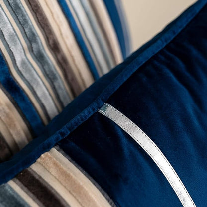 Yangest Navy Blue Striped Patchwork Throw Pillow Cover Silver Leather Cushion Cover Zippered Pillowcase for Sofa Couch Bedroom Living Room Home Decoration,18x18 Inch