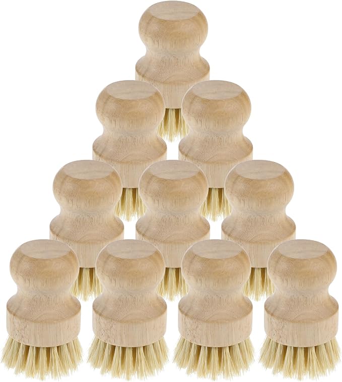 10 Pcs Bamboo Dish Scrub Brush Set, Mini Natural Wooden Scrubbers Set Round - Image 3