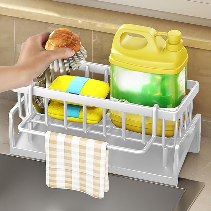 Kitchen Sink Organizer with Drain Tray, Sponge Holder, Brush Storage, - Image 4