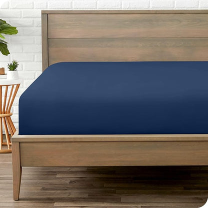 Bare Home Fitted Bottom Sheet Twin - Premium 1800 Microfiber - Ultra-Soft Wrinkle Free - Deep Pocket - Fitted Sheet (Twin, Dark Blue)