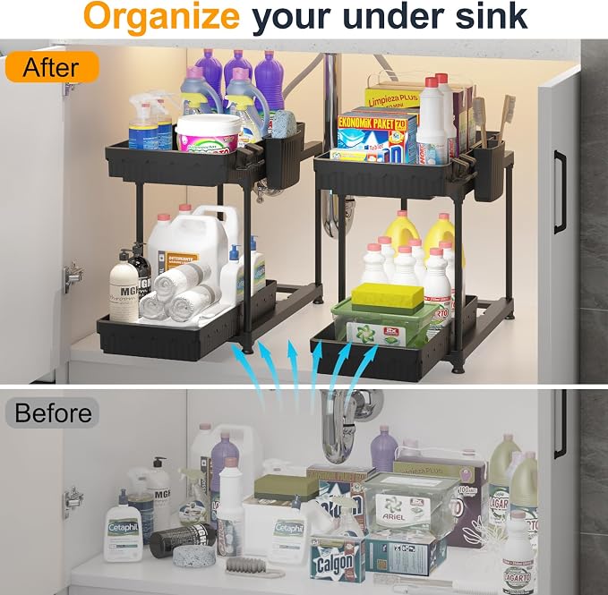 2 Pack Double Sliding Under Sink Organizers and Storage, 2 Tier Under Bathroom - Image 4