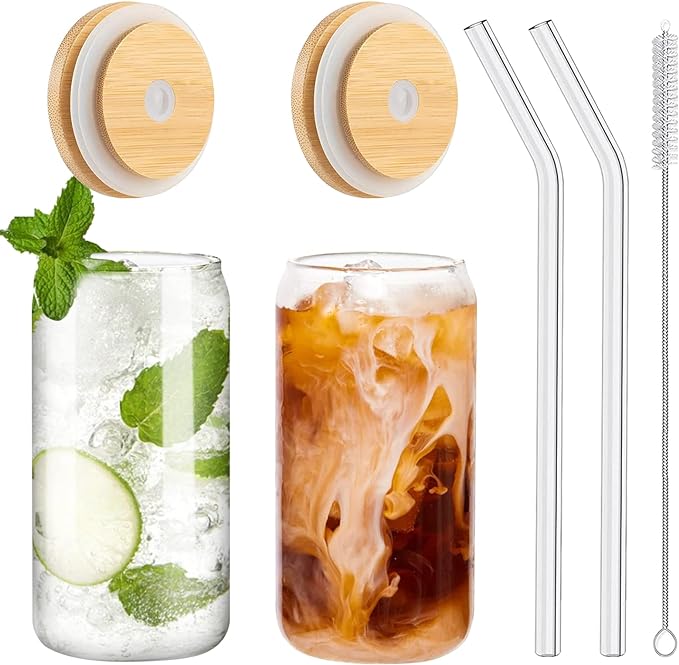 Drinking Glasses with Bamboo Lids and Glass Straw 2PCS Set, 16oz Glass Cups by WISIMMALL