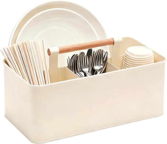 Caddy Organizer with Wooden Handle, Metal Utensil Caddy with 4 Compartments by CANDCO