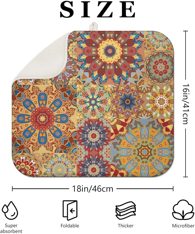 Boho Dish Drying Mat for Kitchen Countertops, Bohemian Floral Microfiber Drying - Image 2