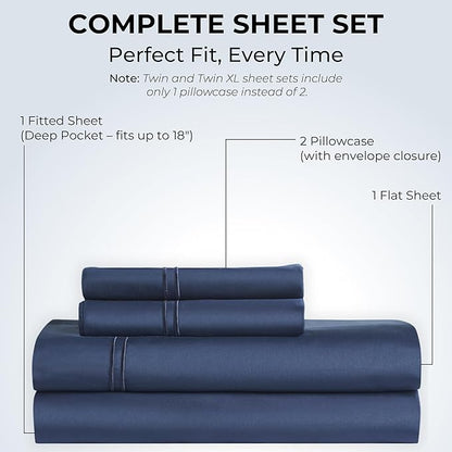 100% Natural Cotton Bed Sheets | 500 TC Single-Ply Sateen Weave Full Size Sheets | Breathable & Hypoallergenic Solid 4-Piece Bedding with Deep Pocket Fitted, Flat, Pillowcase | Navy Blue