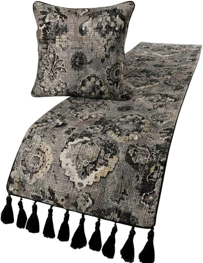 The HomeCentric Handmade Black & Grey Twin 53 x 18 inch Bed Runner with Matching Pillow Cover, Velvet Damask with Tassels Bed Scarf, Abstract Modern - Paved Damask