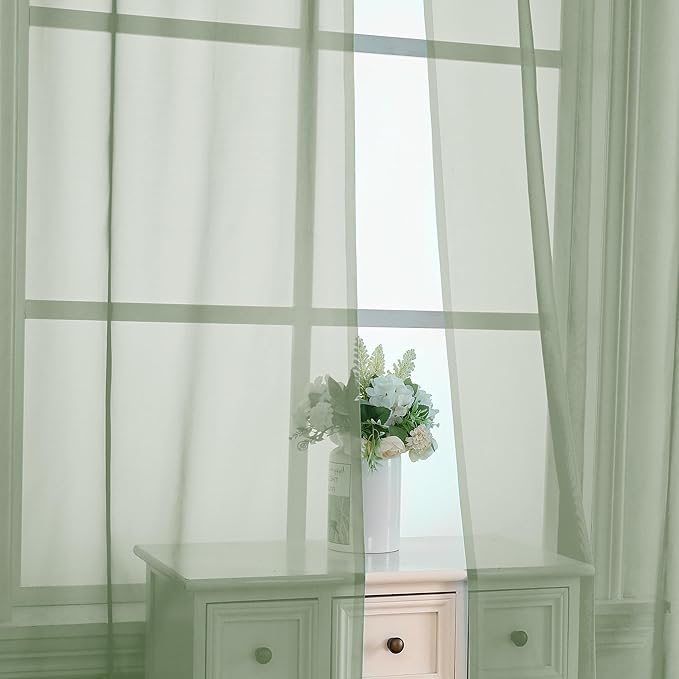 OVZME Sage Green Sheer Curtains 90 Inches Long 2 Panels - Soft Light Filtering Window Sheer Panels for Living Room/Bedroom, Top Dual Rod Pocket, 1 Pair, Each 42Wx90L Inches