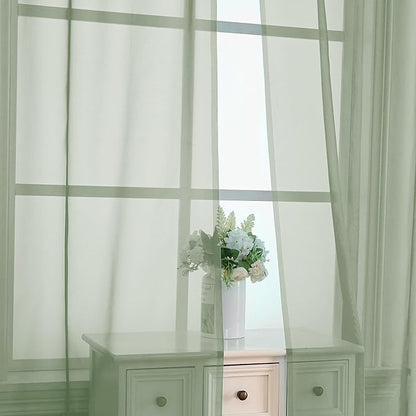 OVZME Sage Green Sheer Curtains 90 Inches Long 2 Panels - Soft Light Filtering Window Sheer Panels for Living Room/Bedroom, Top Dual Rod Pocket, 1 Pair, Each 42Wx90L Inches