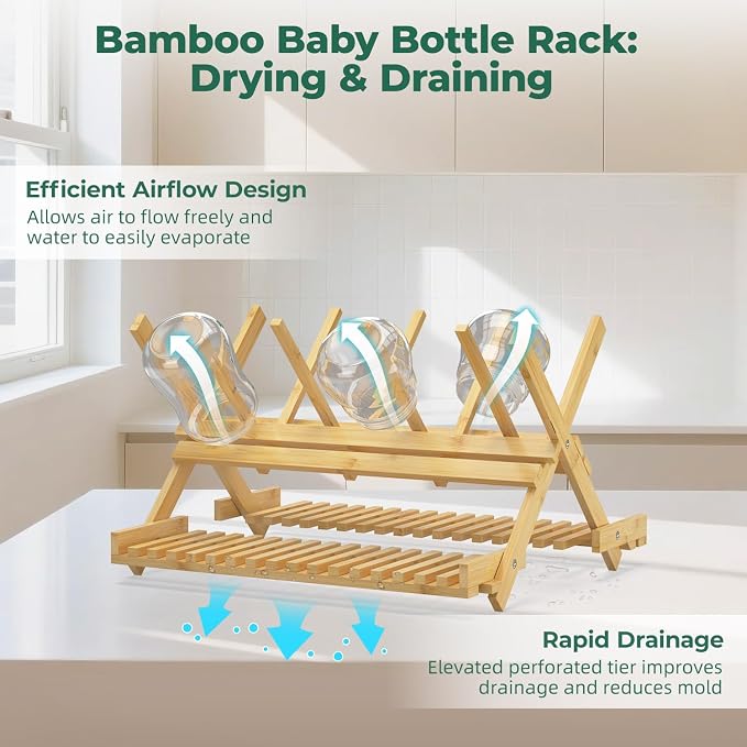 EsLuker.ly Baby Bottle Drying Rack, Bamboo Vertical Dryer Holder Organizer - Image 3