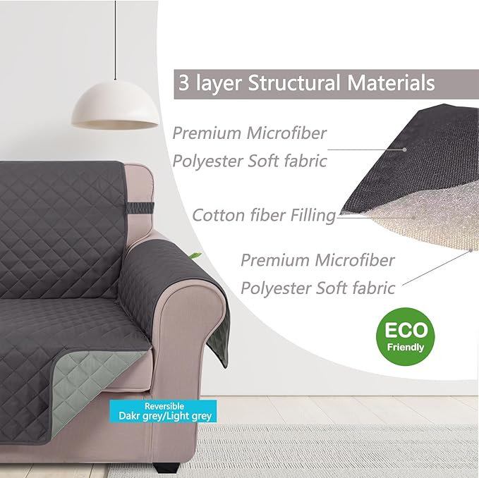 U-NICE HOME Reversible Sofa Cover Washable Couch Cover for Dogs with Elastic Straps Water Repellent Furniture Protector Couch Cover for 3 Cushion Couch Sofa Pet Friendly (Sofa, Dark Grey/Light Grey)