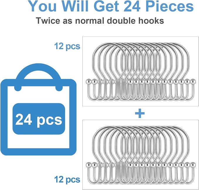 24 Pack Double Shower Curtain Hooks Rings, TENOVEL Double Sided Shower Curtain - Image 2
