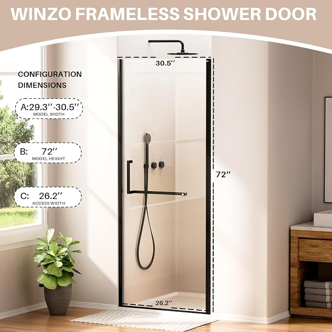 WinZo 29-30" W ×72" H Frameless Pivot Shower Door, Pivot Swing Shower Glass - Image 6