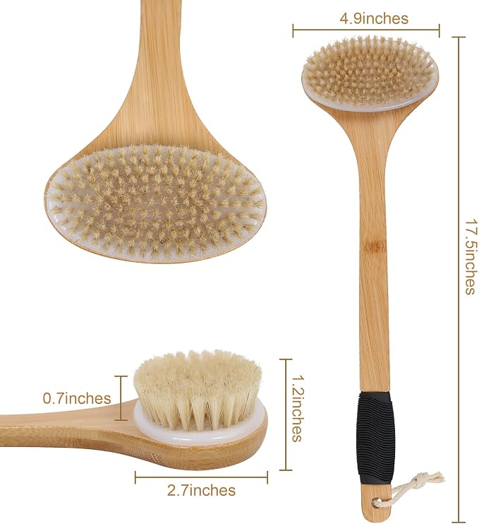OWIIZI Back Scrub Brush for Shower, Stiff Boar Bristles Bamboo Curved Long - Image 3