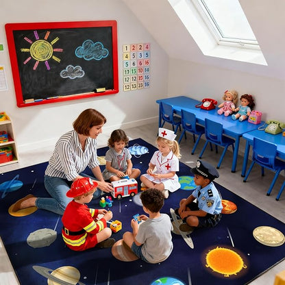 Kids Play Rugs 5'x7' Kids Rugs for playroom, Kid Educational Rug Classroom Rug, Space Planet Rug Space Planet Theme Play Mat for Living Room Dining Room Classroom Decor