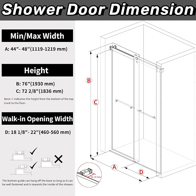 Sunrosa Frameless Double Sliding Shower Door 44-48" W x 76" H, 5/16" Thick - Image 6