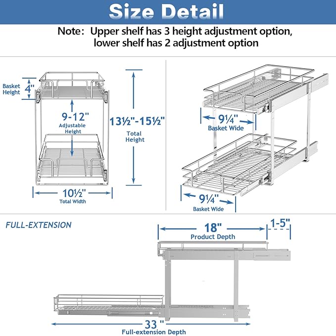 2 Tier Individual Pull Out Cabinet Organizer 10½" W x 18" D, Heavy Duty Cabinet - Image 3