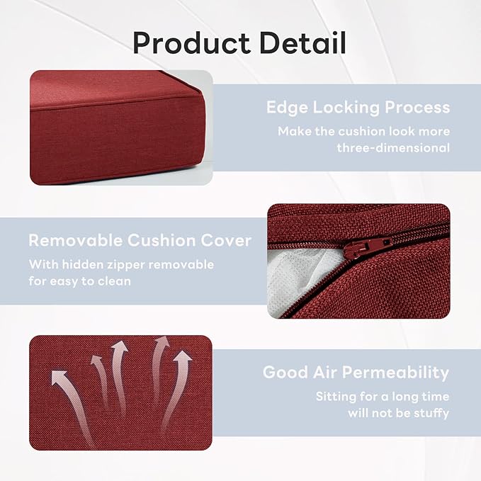 6 inches Thicker Outdoor Chair Cushions Set- 24" *24" *6" Waterproof Patio Furniture Cushions with Removable Cover, 28D High Density Sponge Filling Thicken Outdoor Patio Cushions - Red