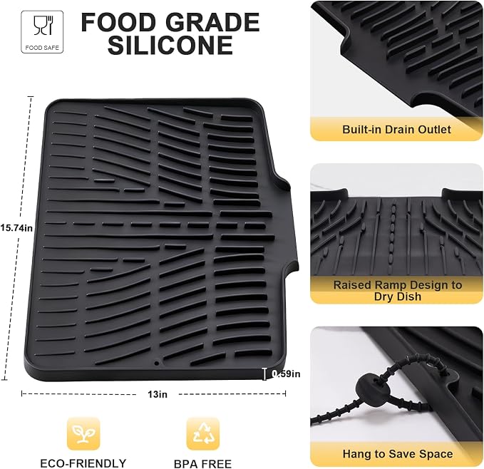 Silicone Dish Drying Mat for Kitchen Counter, Non-Slip Dish Drying Pad - Image 3