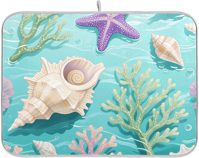 Coral Sea Shells Stars Pattern Dish Drying Mat by OTVEE