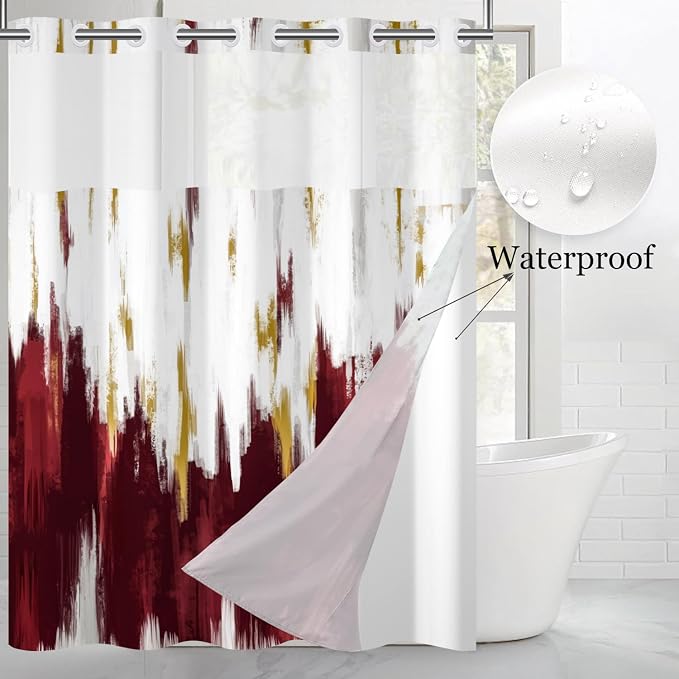 No Hook Shower Curtain with Snap in Liner, Hotel Style Burgundy Red White Gold - Image 2