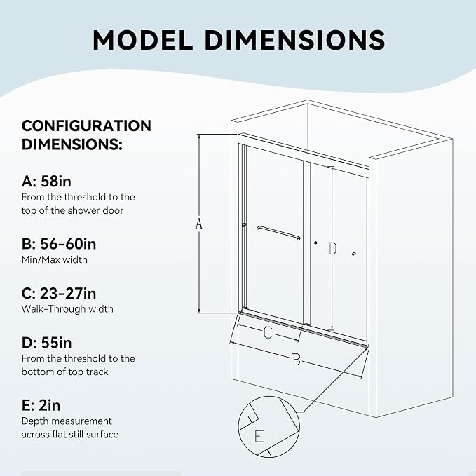 56-60" W x 58" H Semi-Frameless Tub Shower Door, Bypass Double Sliding Bathtub - Image 2