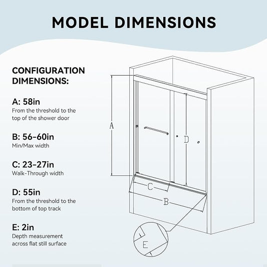 56-60" W x 58" H Semi-Frameless Tub Shower Door, Bypass Double Sliding Bathtub - Image 2
