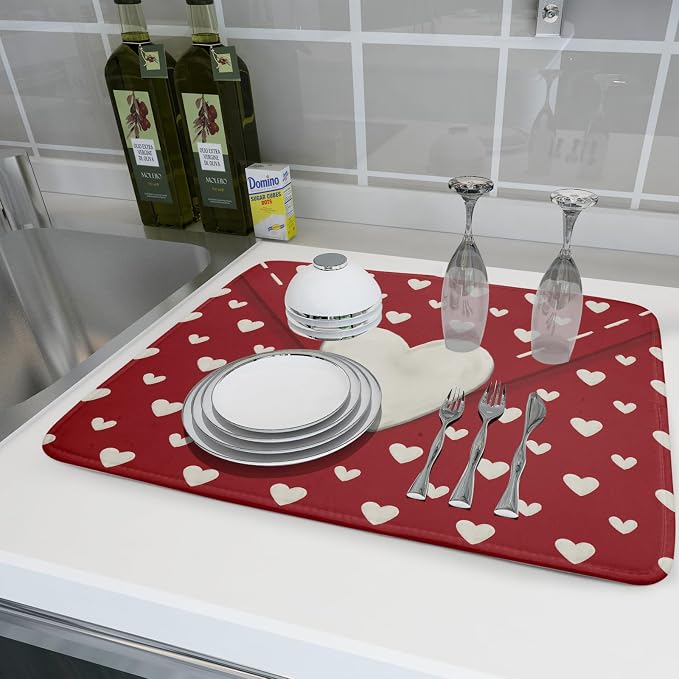 Valentines Day Dish Drying Mat for Kitchen Counter 18x24 Cream Red Love Heart - Image 6