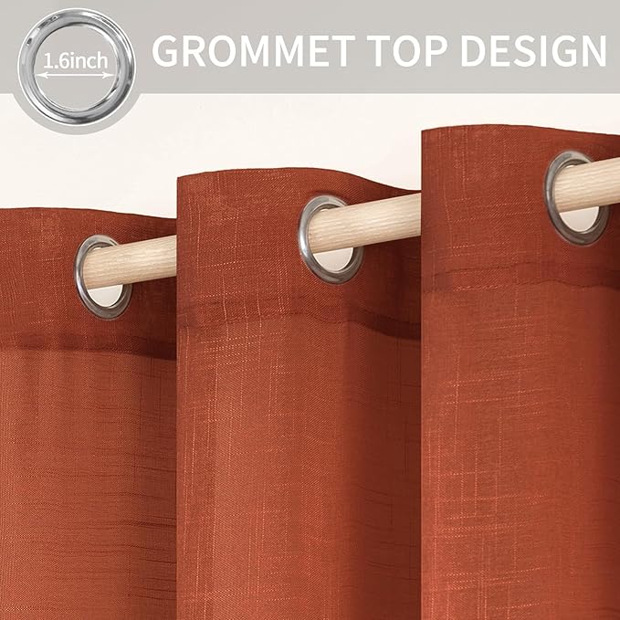 MIULEE Burnt Orange 2 Panels 84 Inch Long Farmhouse Linen Sheer Window Curtains Elegant Terracotta Rust Fall Autumn Drapes Grommet Top Linen Textured Voile for Bedroom Living Room (52 X 84 Inch)
