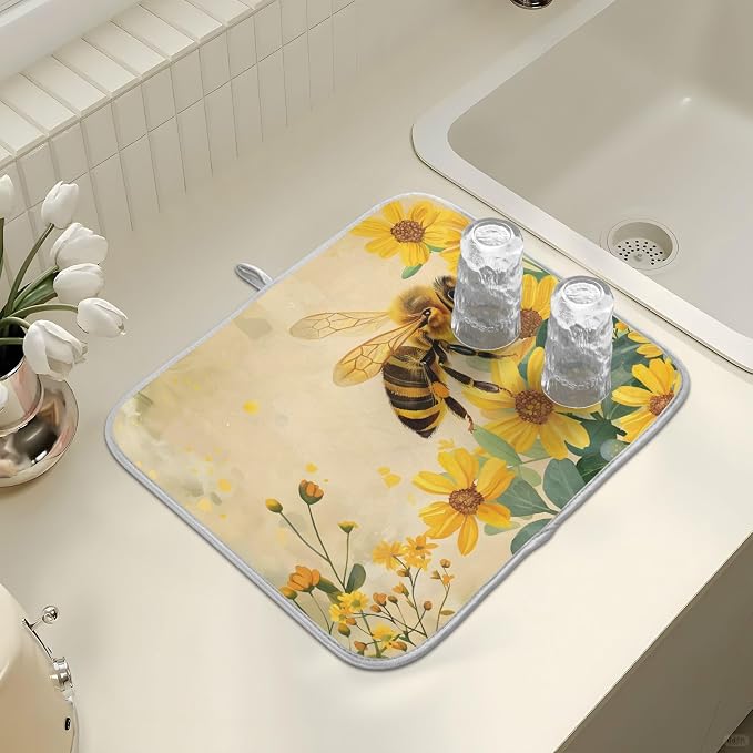 Honey Bee Dish Drying Mat for Kitchen Counter Absorbent Microfiber Large Drying - Image 7